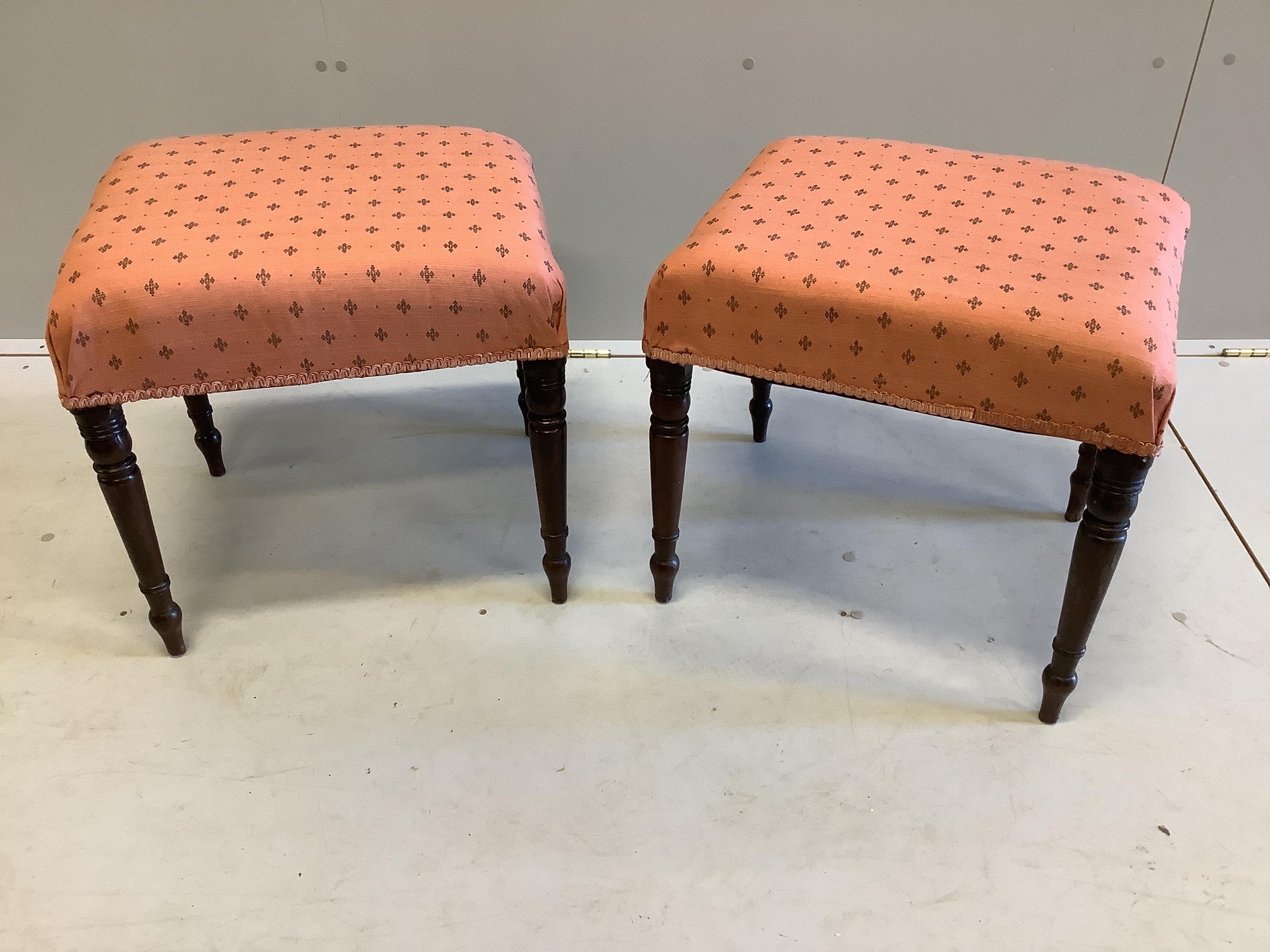 A pair of Regency style stools, width 40cm, depth 49cm, height 46cm